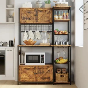 Bakers Rack with 2 Storage Cabinets and Power Outlet
