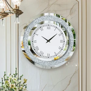 Large Mirror Wall Clock with Crushed Diamond Edge