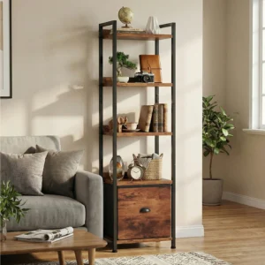 5 Tiers Metal Classic Bookshelf with Fabric Drawer